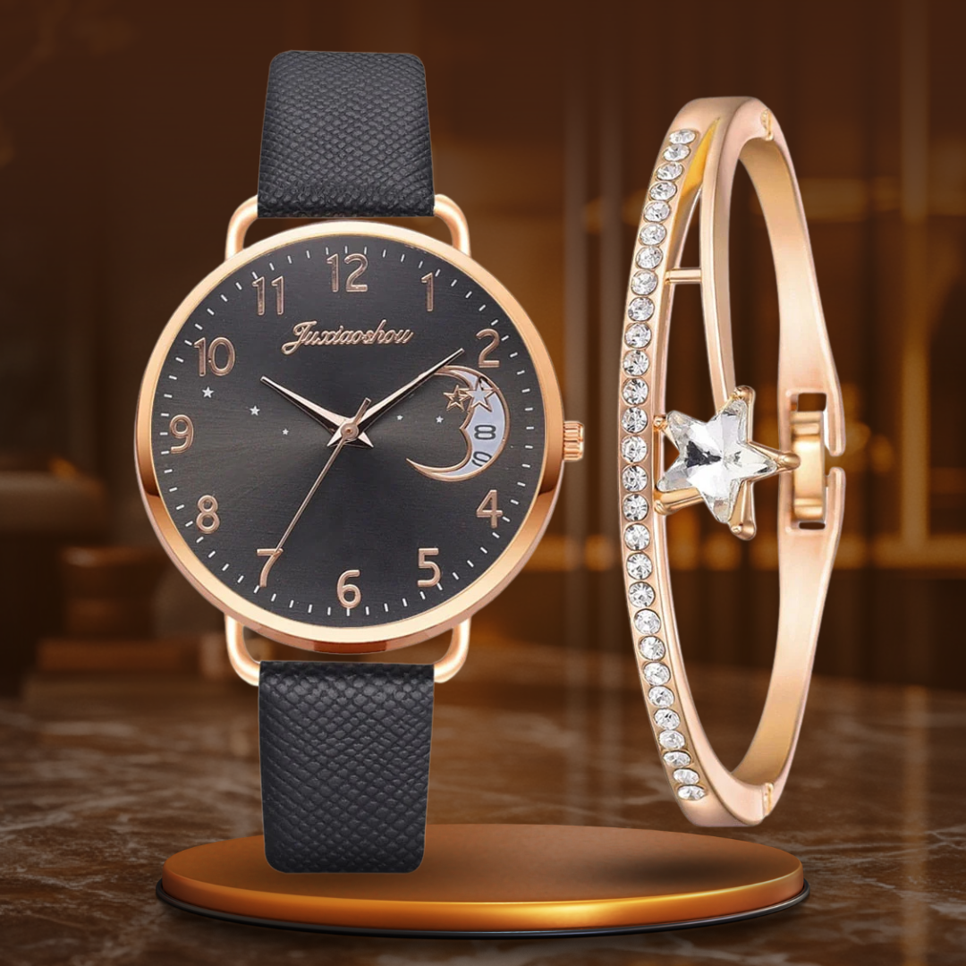 Moon Numbers Dial Watch and Bracelets Set